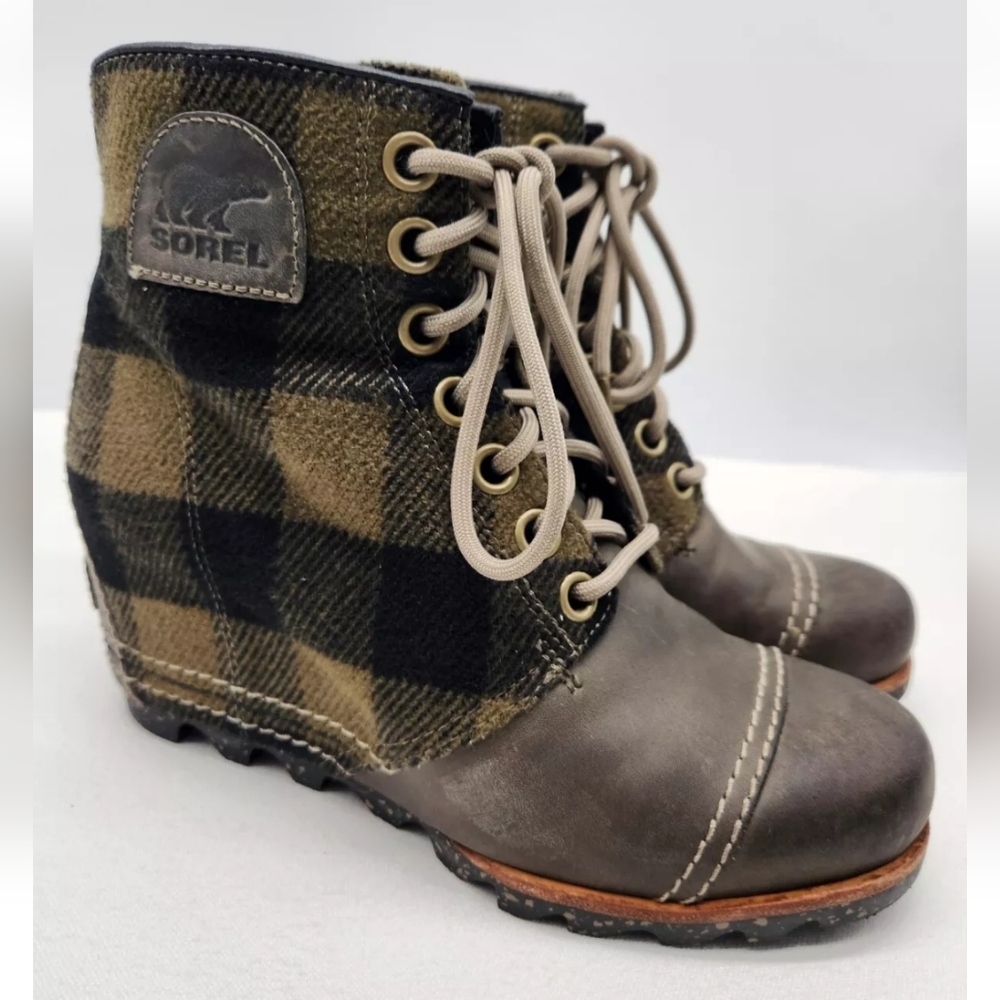 Sorel PDX Wedge Ankle Boots Women 7.5 Green Black Plaid Lace Up Fabric Leather